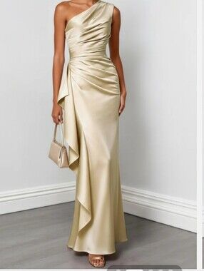 Fehaute Champagne Ruffled Ruched Satin One Shoulder Sleeveless Dress Size 2